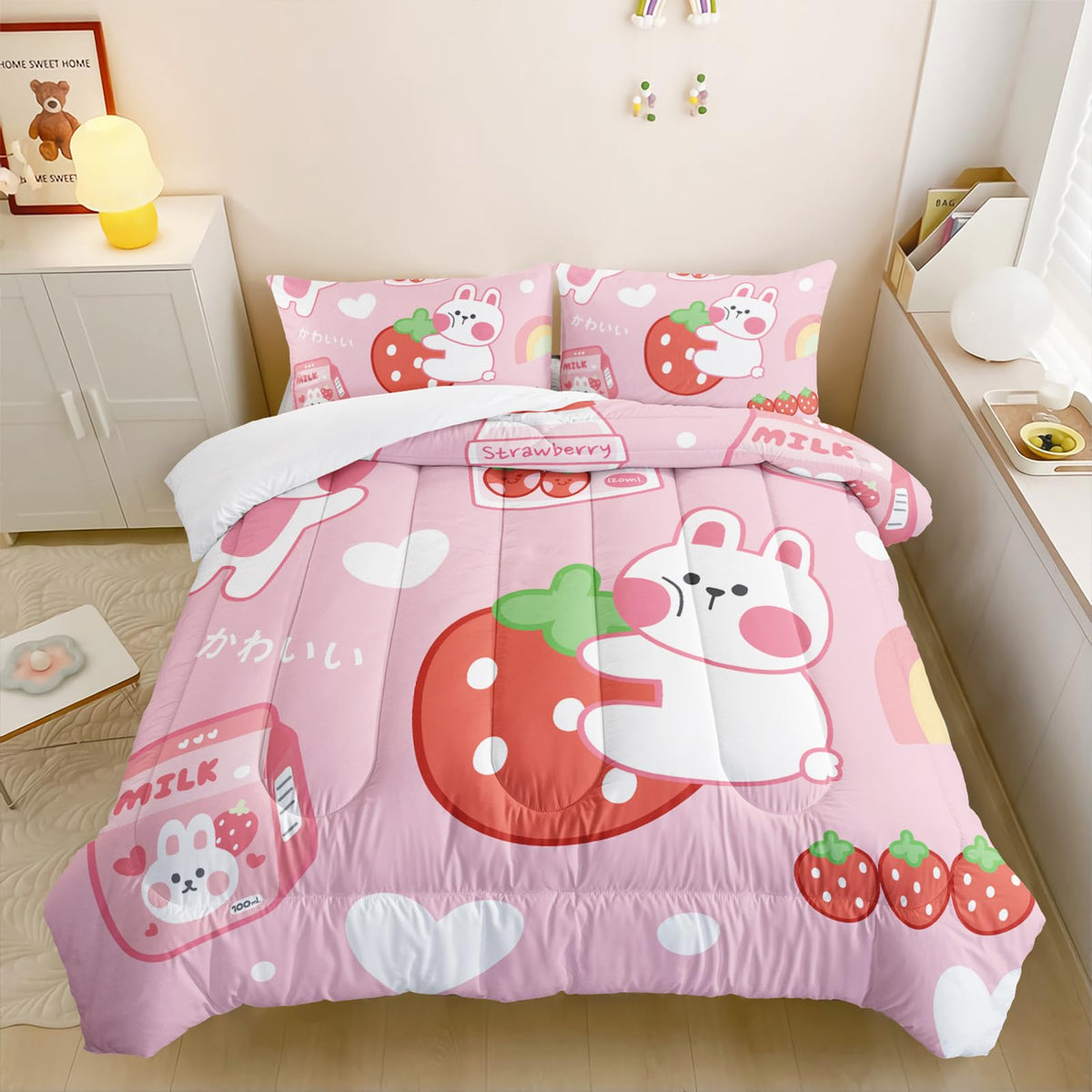 Qoomo Strawberry Rabbit Comforter Set For Kids Teens Girls Women,Pink Bunny Kids Comforter,1 Comforter With 2 Pillowcase, Microf