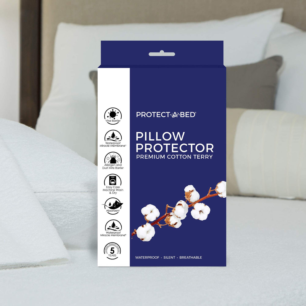 Protect-A-Bed, Premium Cotton Terry Pillow Protector, Zippered, Waterproof, 1-Pack, Queen Size