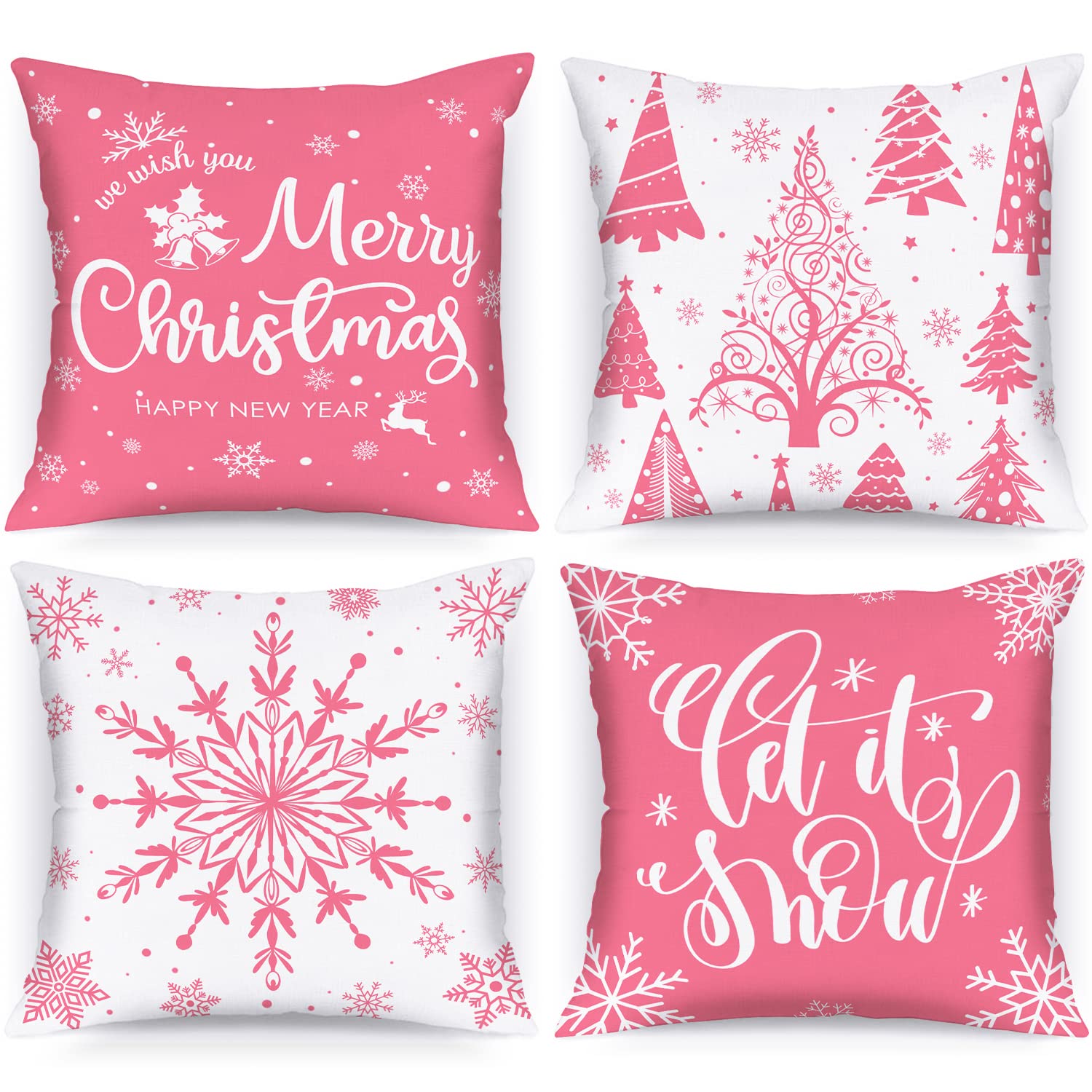 Lanpn White And Pink Christmas Throw Pillow Covers 20X20 Set Of 4, 20 Inch Decorative Xmas Cushion Covers Pillow Cases For Home