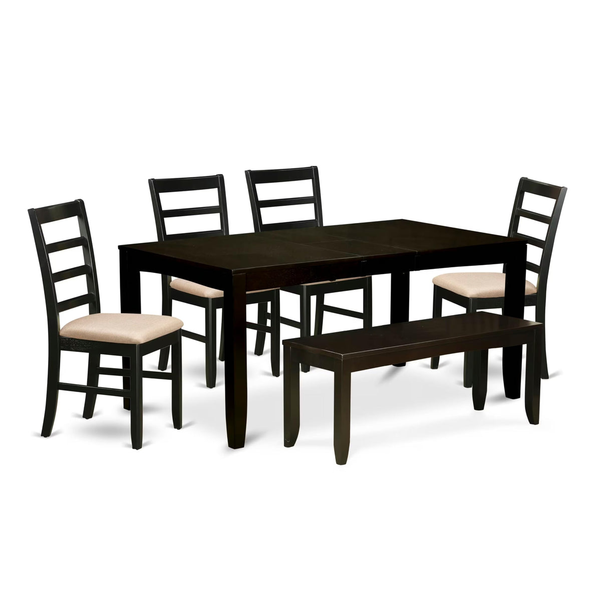 East West Furniture LYPF6-CAP-C 6 Piece Dining Table Set Contains a Rectangle Dining Room Table with Butterfly Leaf and 4 Linen Fabric Upholstered Chairs with a Bench, 36x66 Inch, Cappuccino