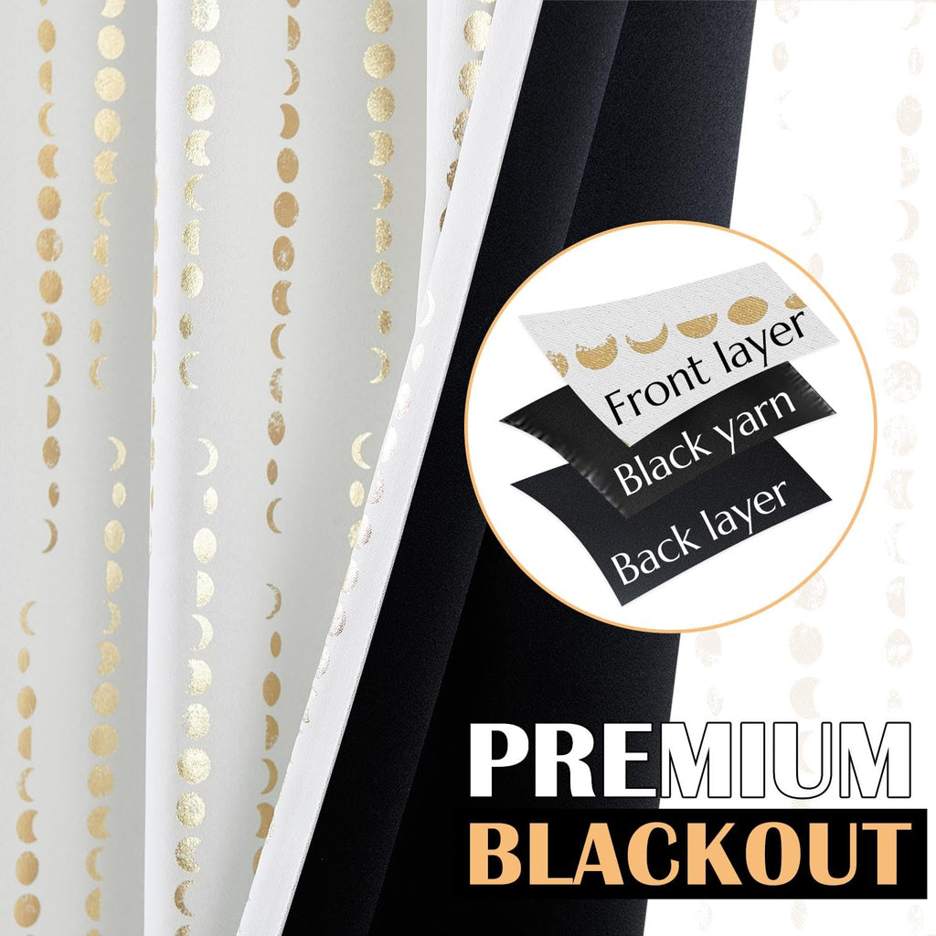 Jinchan 100% Blackout Boho Curtains Moon Phases Printed Bedroom Curtains 63 Inch Length 2 Panels Golden On White Drapes Rod Pocket Back Tab Thermal Insulated Curtains For Nursery Window Drapes