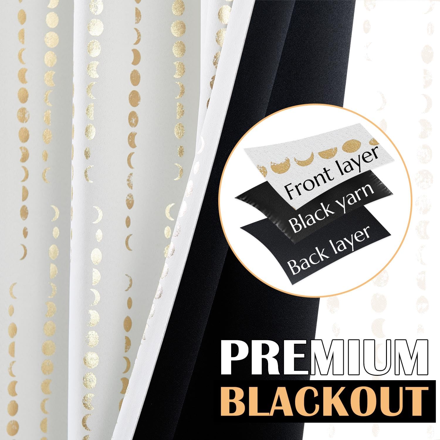 Jinchan 100% Blackout Boho Curtains Moon Phases Printed Bedroom Curtains 63 Inch Length 2 Panels Golden On White Drapes Rod Pocket Back Tab Thermal Insulated Curtains For Nursery Window Drapes