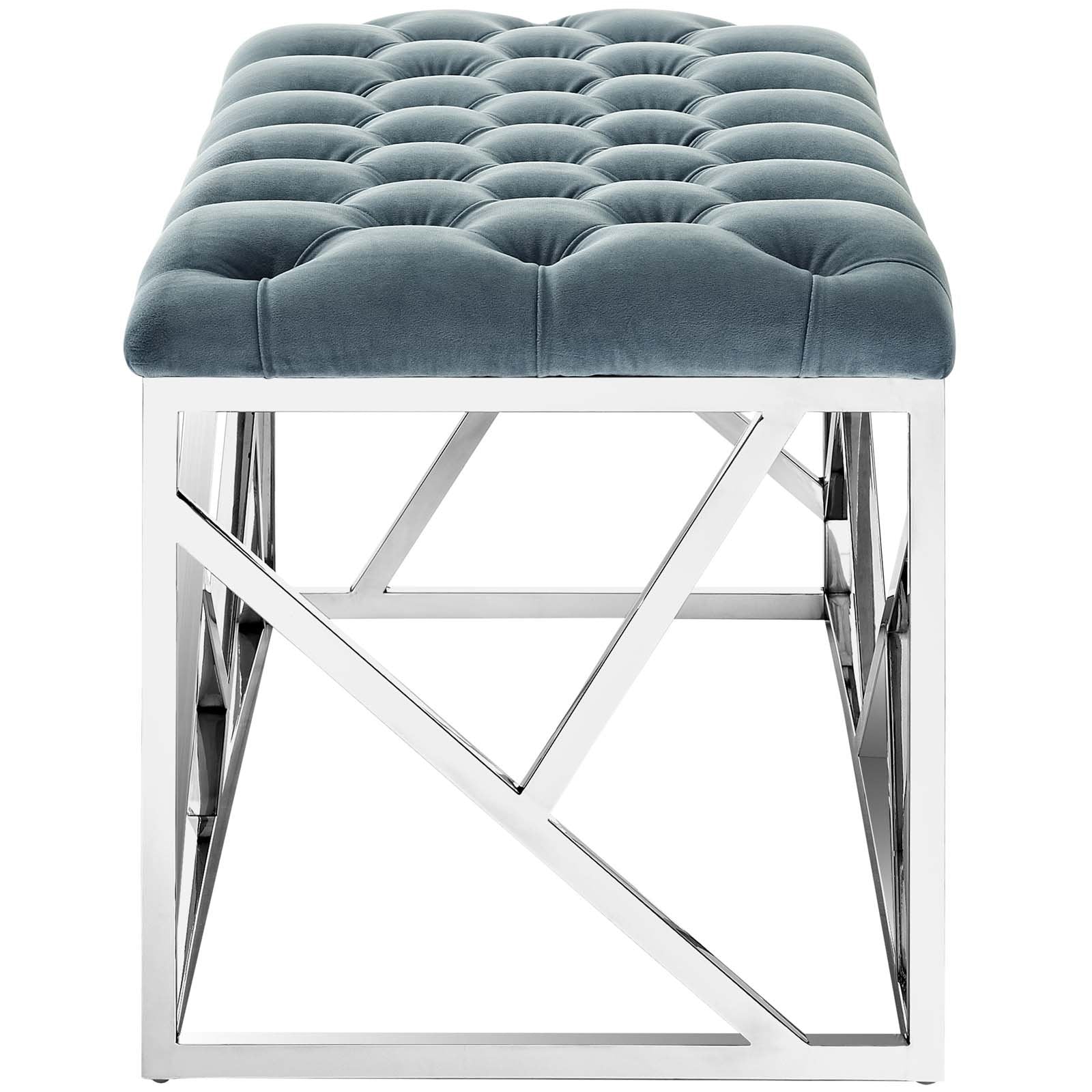 Modway Intersperse Button-Tufted Contemporary Modern Bench With Metallic Geometric Frame, Silver Sea Blue