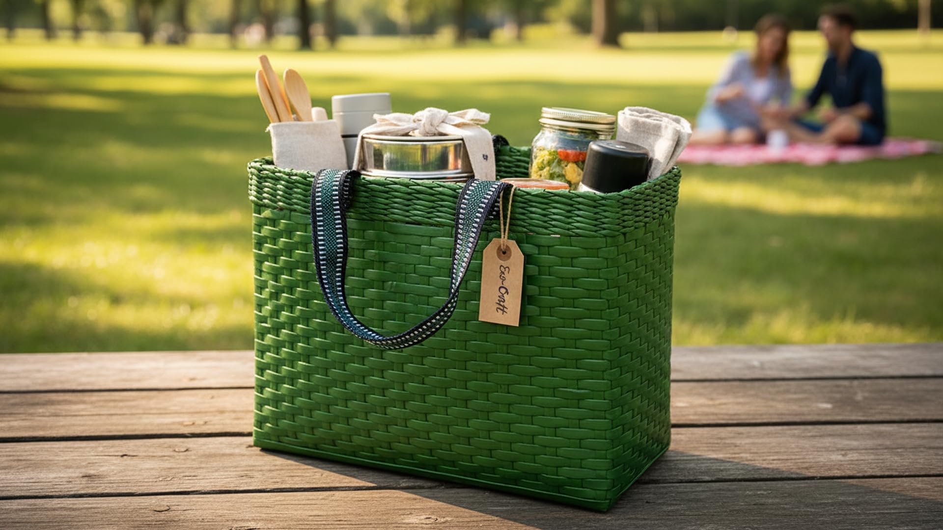 Sonas Creation Paperus, Green Large Lunch Bag For Office, Picnic Basket, Big Tiffin Basket, Handbag, Rectangular, EcoFriendly, 