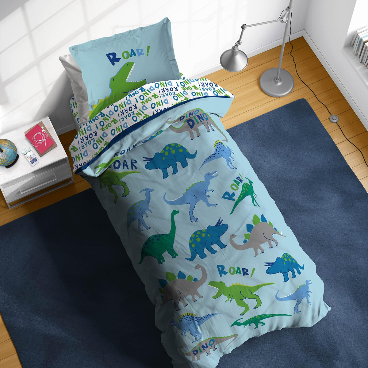Sunny Side Up Dino Roar Twin Comforter Set - 5 Piece Kids Bedding Includes Comforter, Sheets & Pillow Cover - Super Soft Dinosau