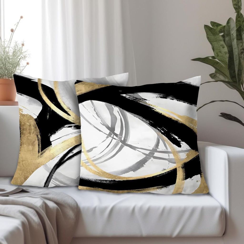 Supwhd Black White And Gold Pillow Covers, Abstract Black And Gold Pillow Covers 18X18 Set Of 2, Modern Boho Home Decor, Black A