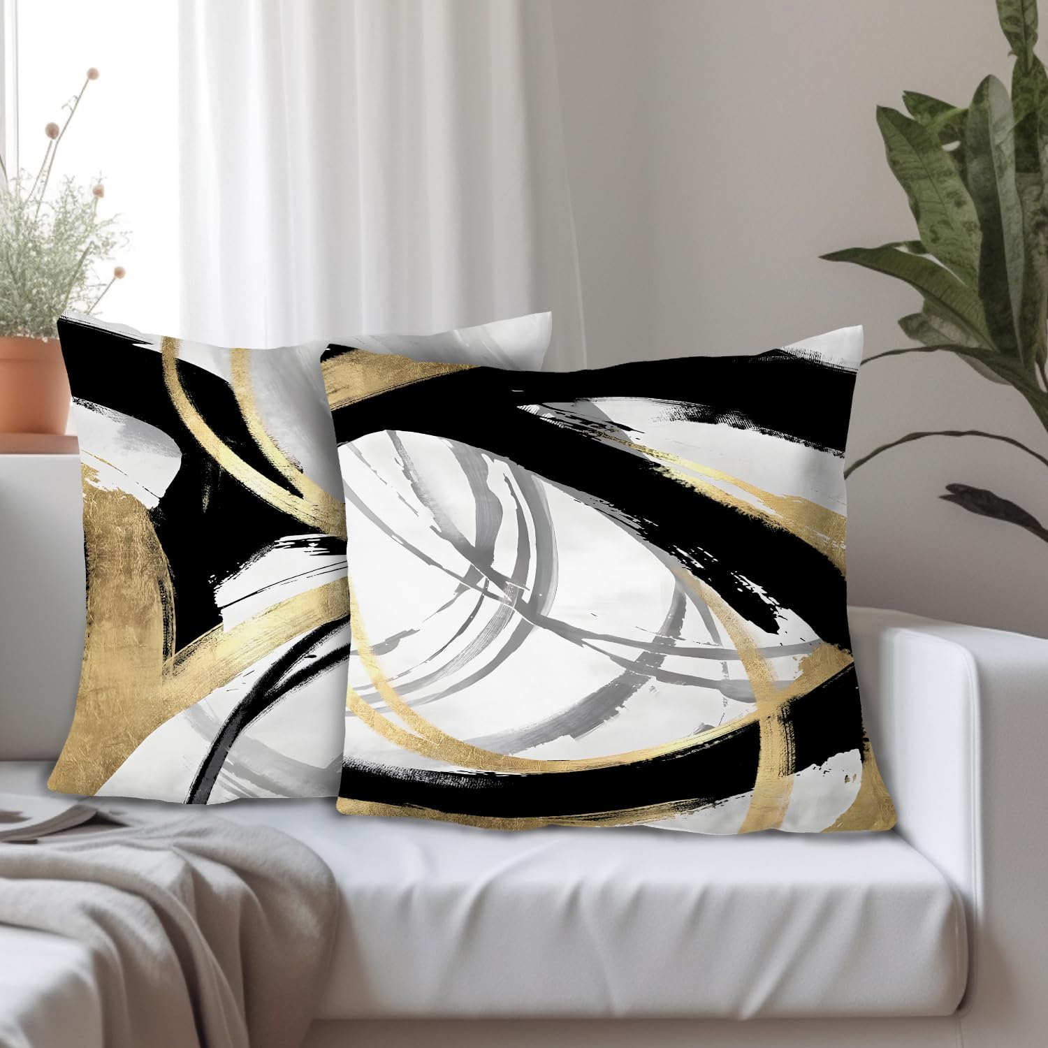 Supwhd Black White And Gold Pillow Covers, Abstract Black And Gold Pillow Covers 18X18 Set Of 2, Modern Boho Home Decor, Black A