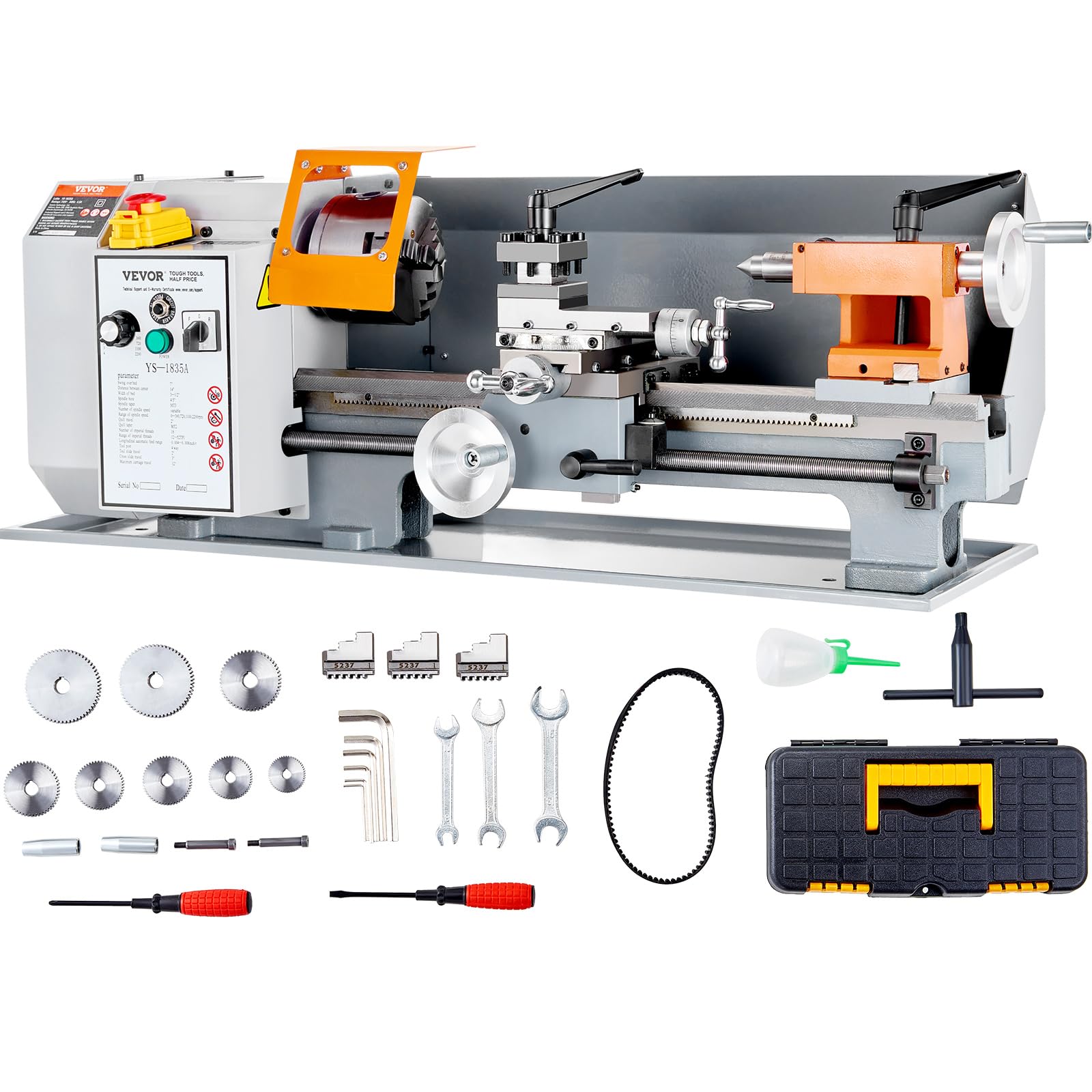 VEVOR Metal Lathe Machine, 7'' x 13.78'', Precision Benchtop Power Metal Lathe, 0-2200 RPM Continuously Variable Speed, 500W Bru