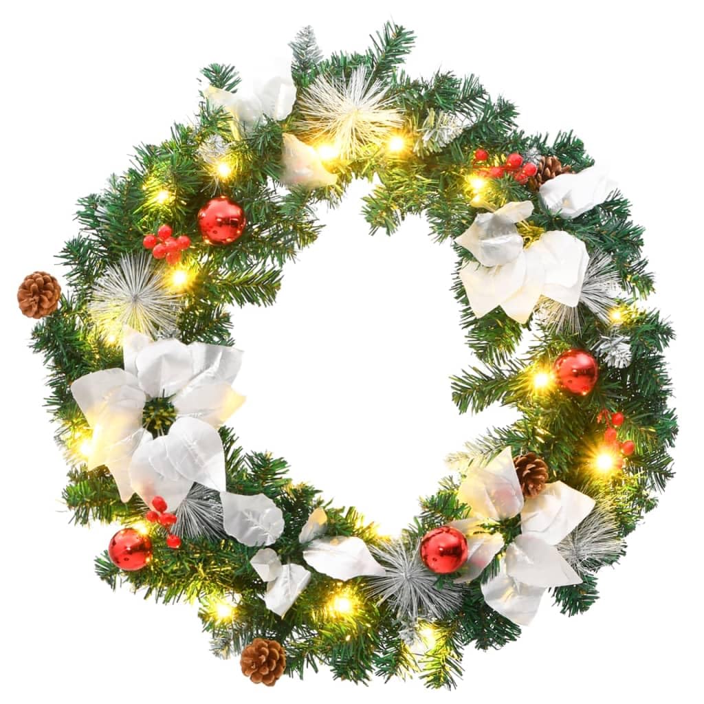 vidaXL 23.6&quot; Christmas Wreath with LED Lights and Decorative Baubles - Green, Silver & Red - PVC Material - Indoor/Outdoor Use