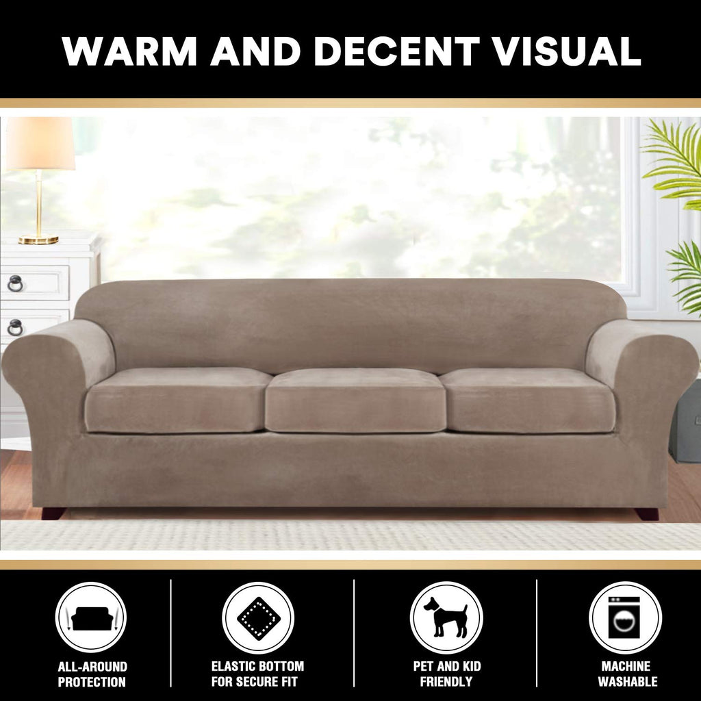 4 Pieces Sofa Covers Stretch Velvet Couch Covers For 3 Cushion Sofa Slipcovers Soft Sofa Slip Covers Furniture Covers With 3 Individual Seat Cushion Covers, Machine Washable (X-Large, Taupe)