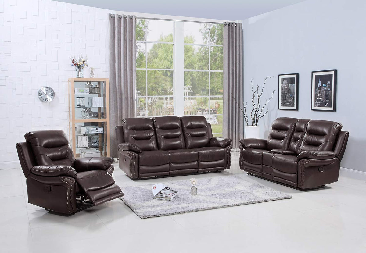 HomeRoots 132' Comfortable Brown Faux Leather Sofa Set with a Console Loveseat