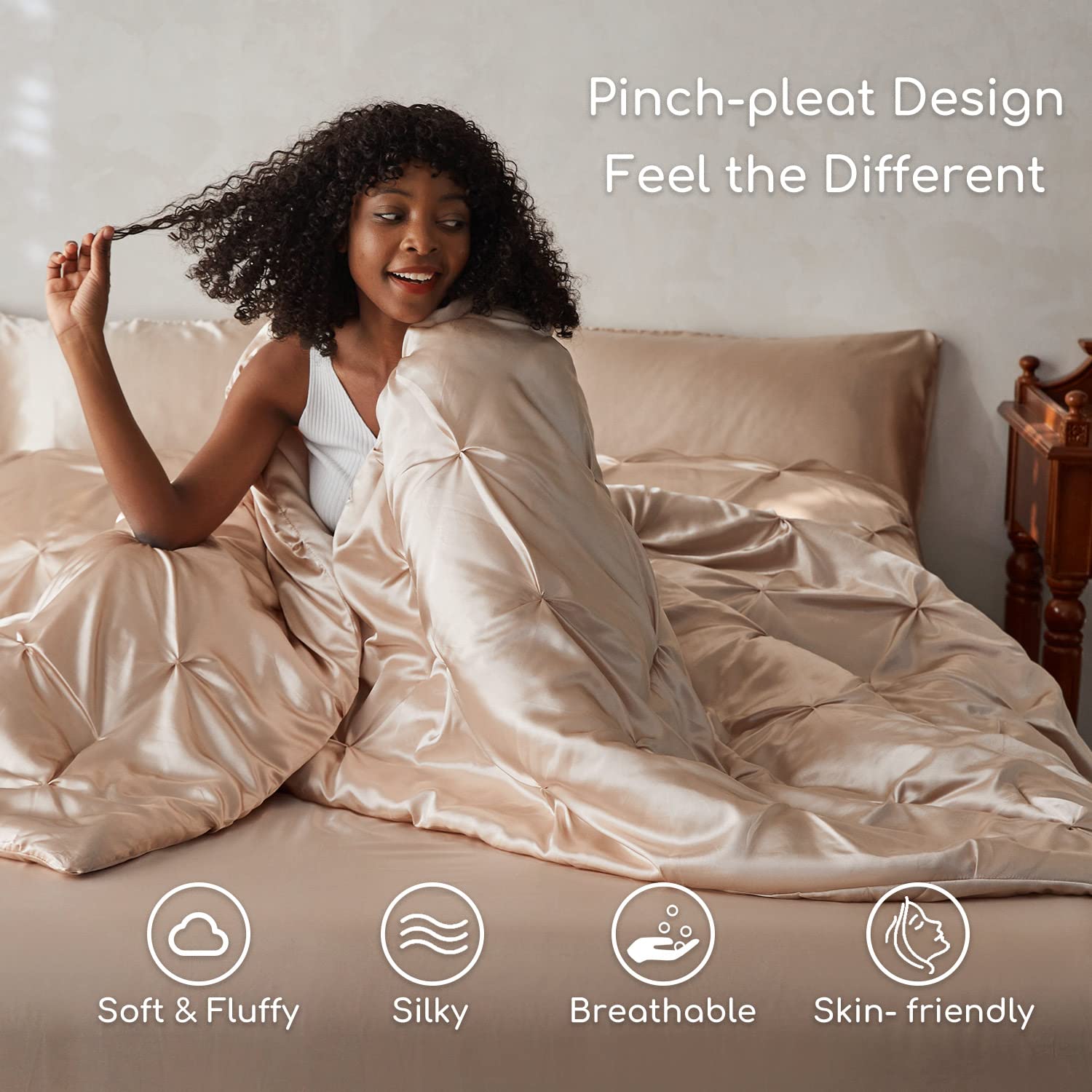 Mr&Hm Satin Comforter California King 7 Pieces Champagne - Luxurious Pinch Pleat Bedding Set With Comforter, Flat Sheet, Fitted