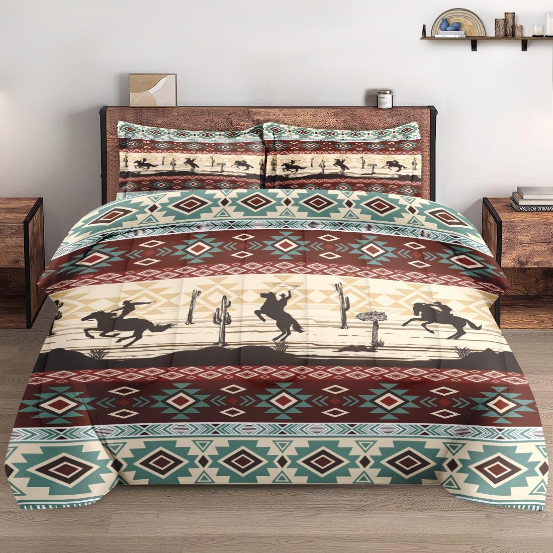 Wecozy 3 Pcs Comforter Set Full Size With 2 Pillowcases, Tribal Cowboy Horses Bedding Set For Kids And Adults, Retro Vintage Wes