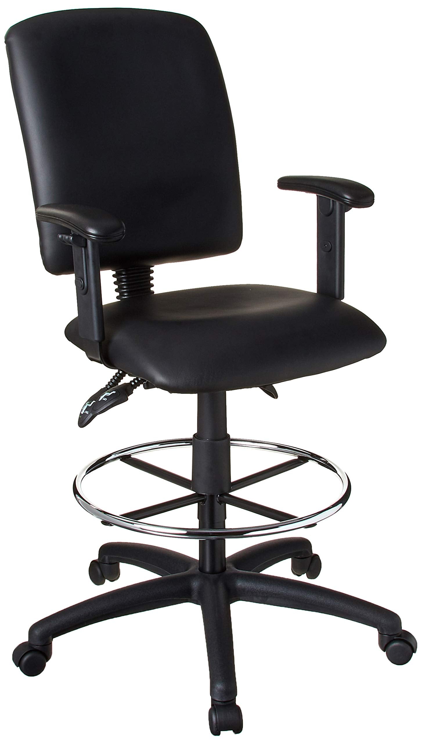 Boss Office Products Multi-Function Leatherplus Drafting Stool With Adjustable Arms In Black