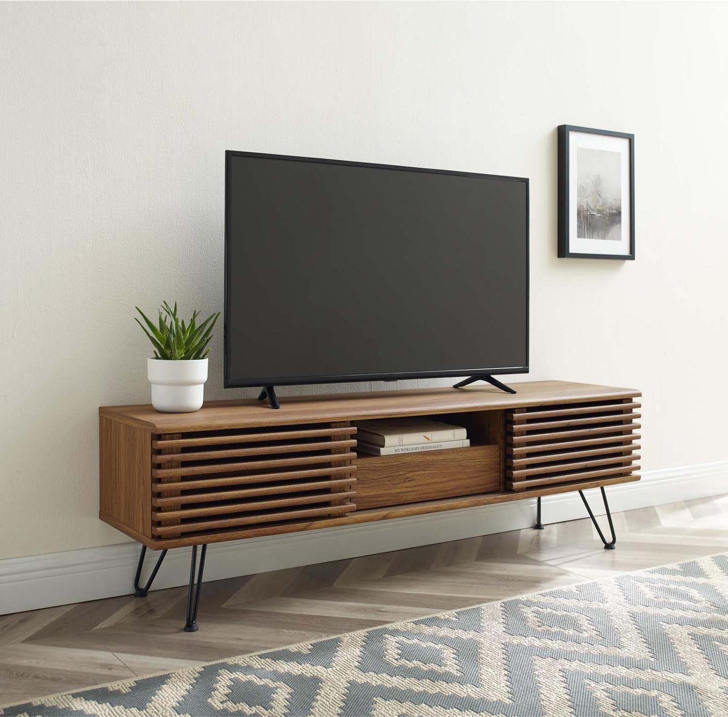 Modway Render Mid-Century Modern Low Profile 59 Inch TV Stand with Hairpin Legs in Walnut, 59&quot;