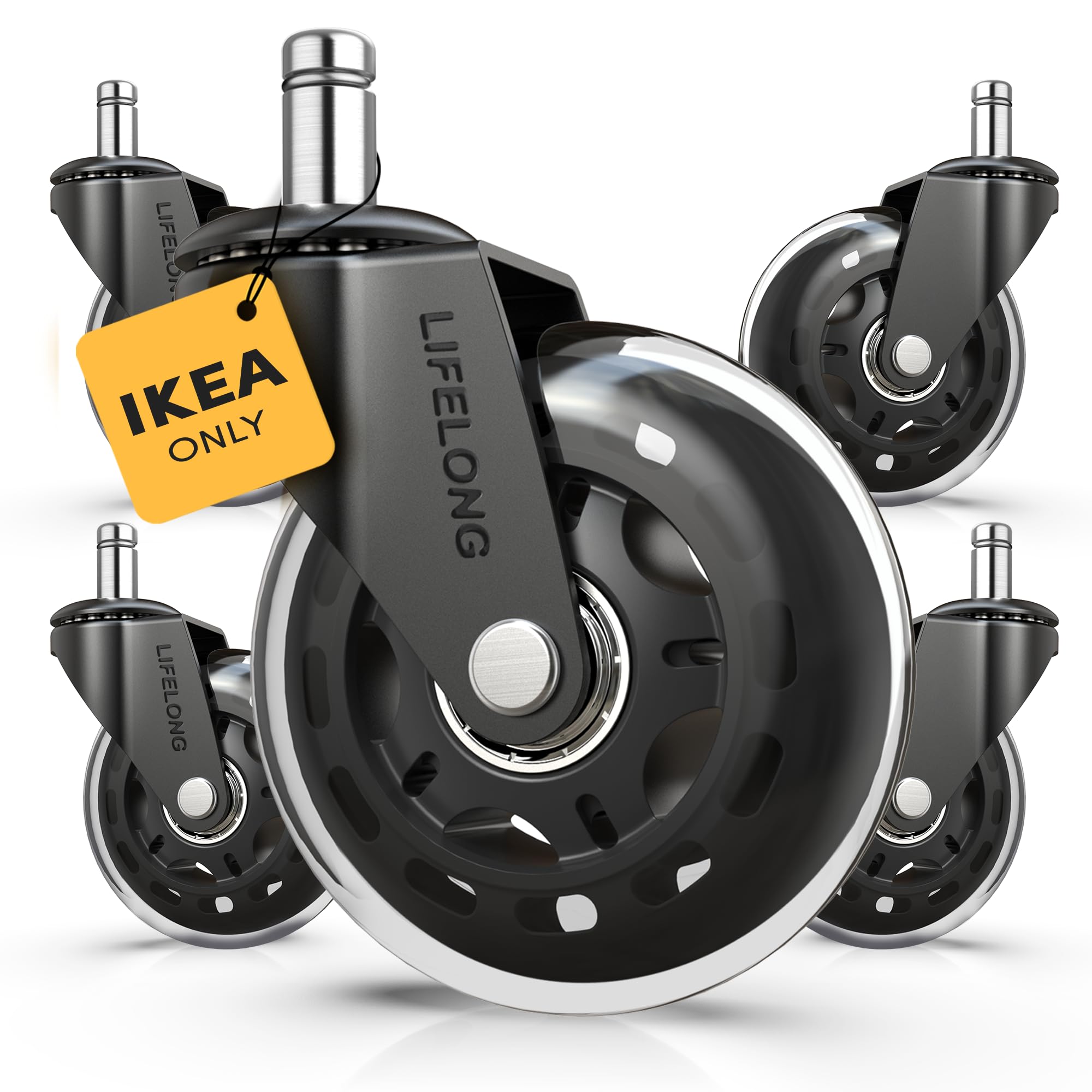 Lifelong Office Chair Wheels Replacement With Lkea Only, 10X22Mm Stem Rubber Chair Casters For Hardwood Floors And Carpet, 3 Inc