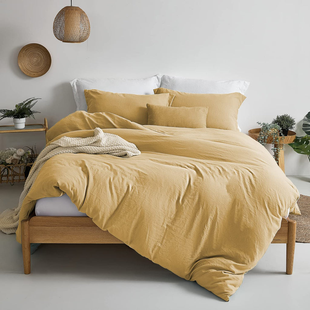 Mildly Super Soft Duvet Cover - 100% Washed Microfiber Warm Mustard Yellow Comforter Cover Set 3 Pieces With Zipper Closure & Co