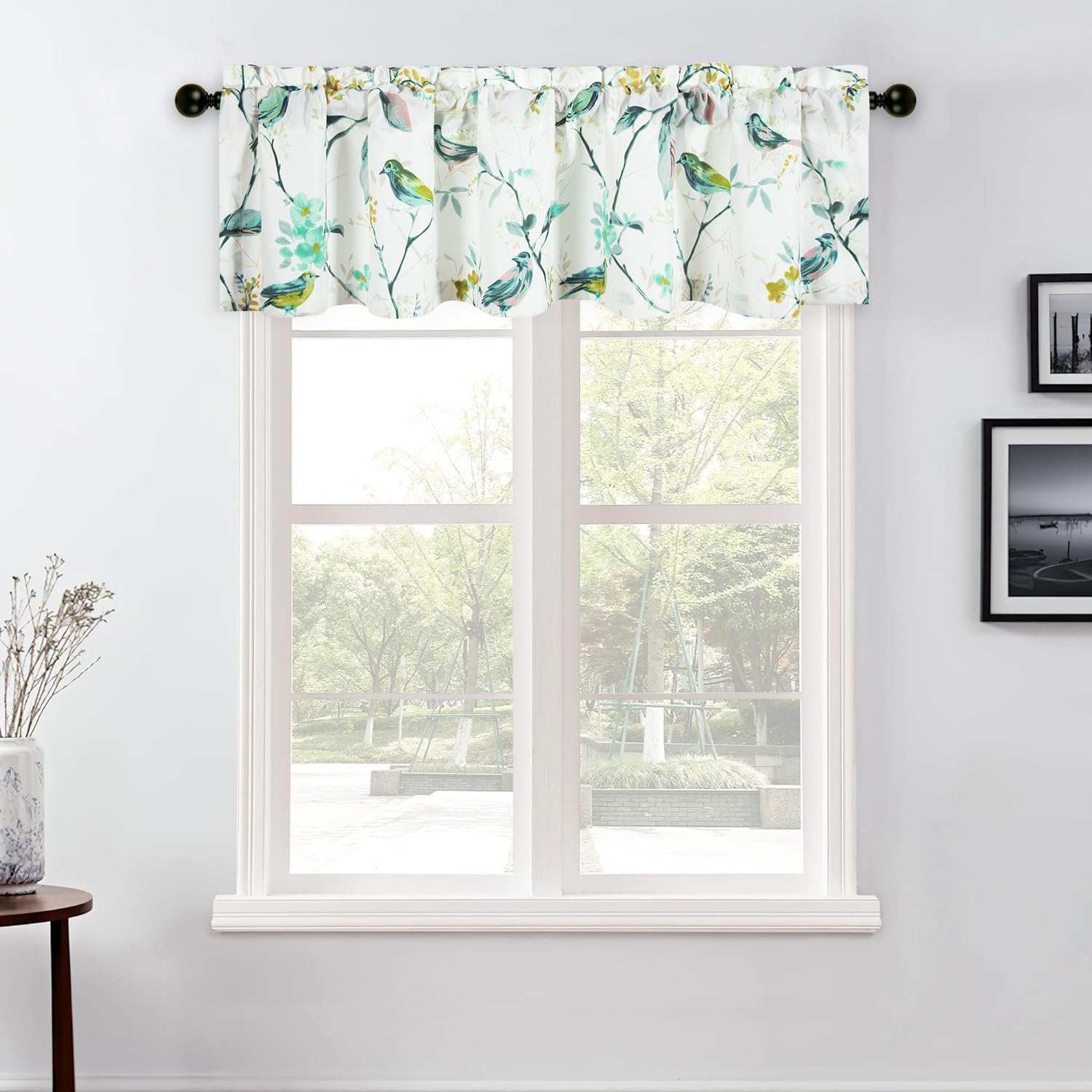 Vogol Green Birds Printed Farmhouse Valance, Linen Textured View Reducing Privacy Curtains Valance For Kitchen Window, Country S