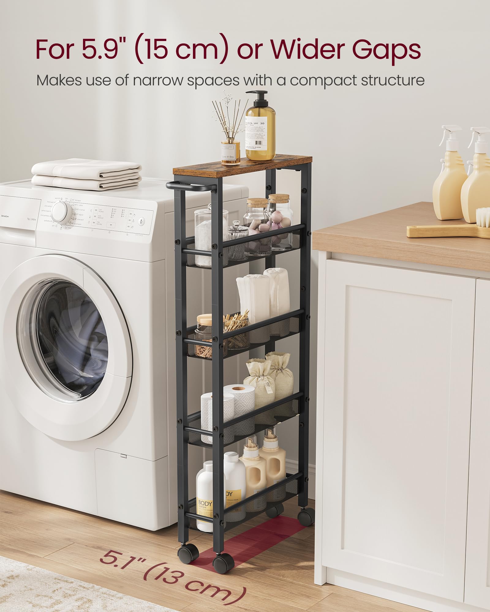 Vasagle Slim Rolling Cart, 5-Tier Storage Cart, Narrow Cart With Handle, 5.1 Inches Deep, Metal Frame, For Kitchen, Dining Room, Living Room, Home Office, Rustic Brown And Classic Black Ulrc034B01