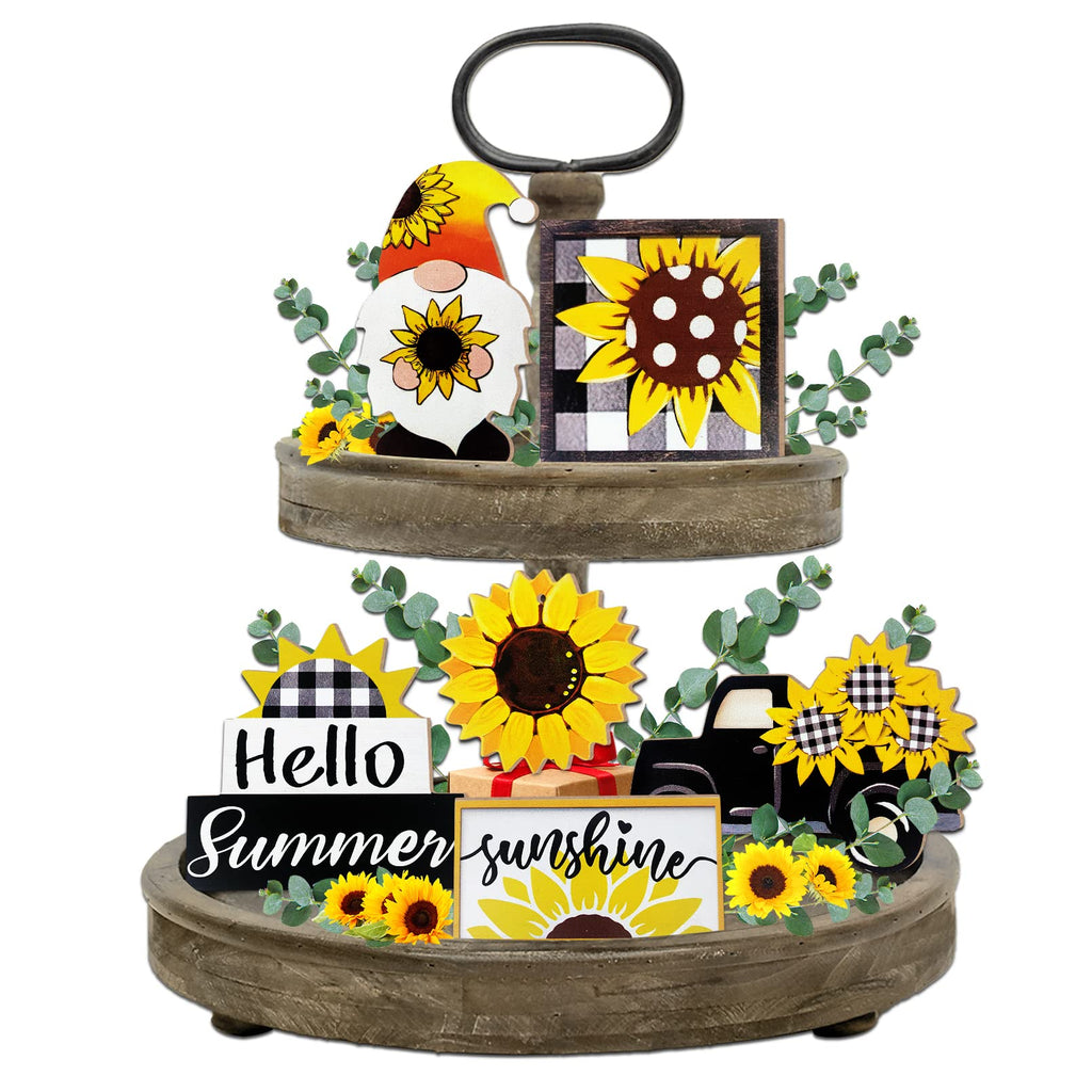 Guoofu Summer Tiered Tray Decor, Farmhouse Sunflower Tray Decorations, Hello Spring Summer Sunflower Gnome Sunshine Truck Wooden