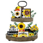 Guoofu Summer Tiered Tray Decor, Farmhouse Sunflower Tray Decorations, Hello Spring Summer Sunflower Gnome Sunshine Truck Wooden