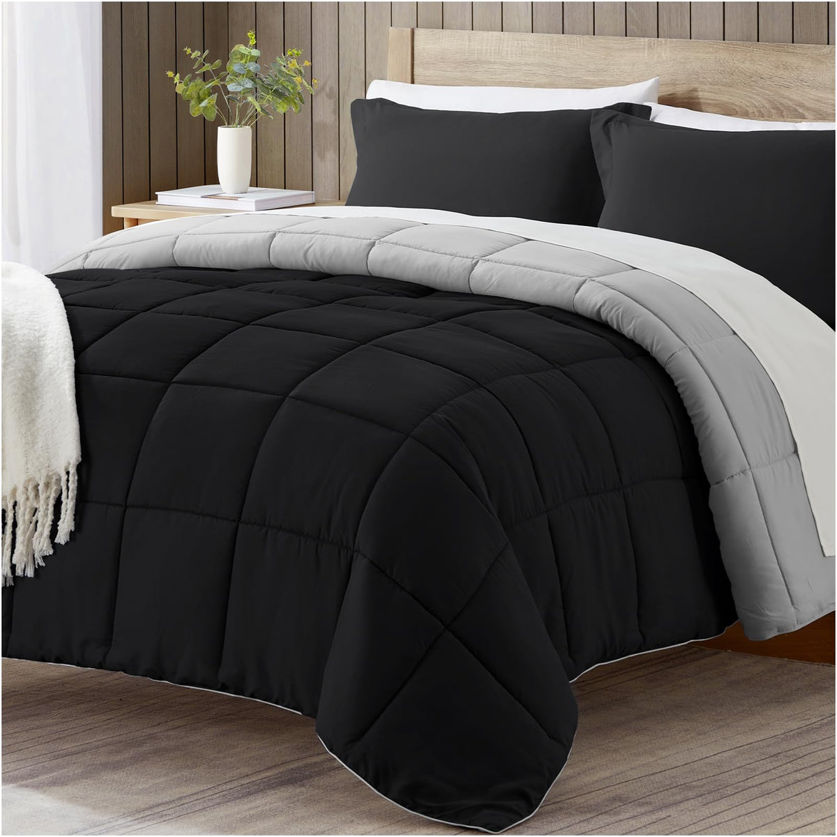 Satisomnia California King Comforter Set, Black Bedding Comforters Cal King Size, 3 Pieces Down Alternative Bed Comforter Lightw