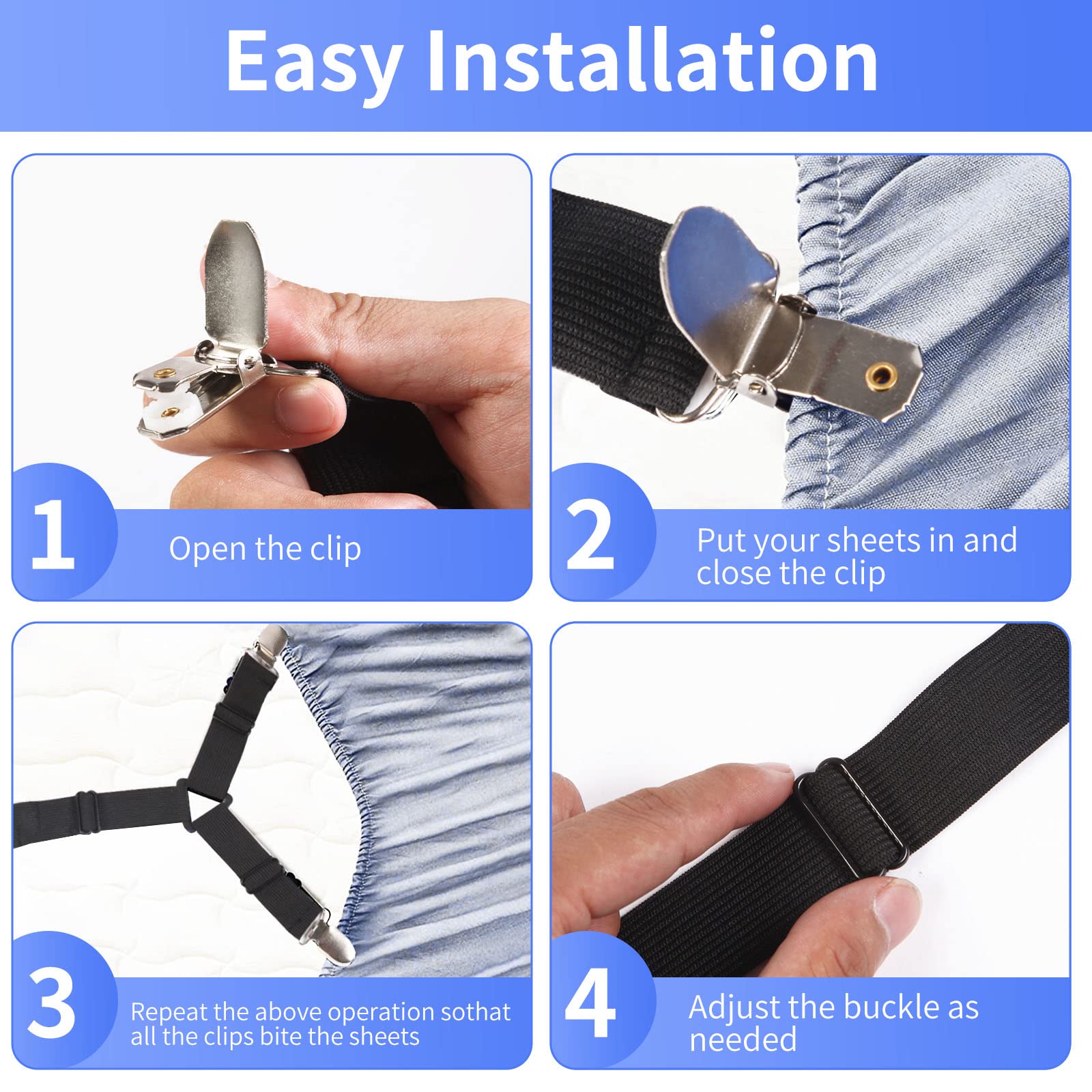 Luyena Bed Sheet Straps,4+1 Pcs Fitted Sheet Clips Holder,Upgraded Triangular Sheet Clip For Corner, Elastic Adjustable Sheet Strap For Mattress Cover, Sheet, Sofa Cushion 1(Black)