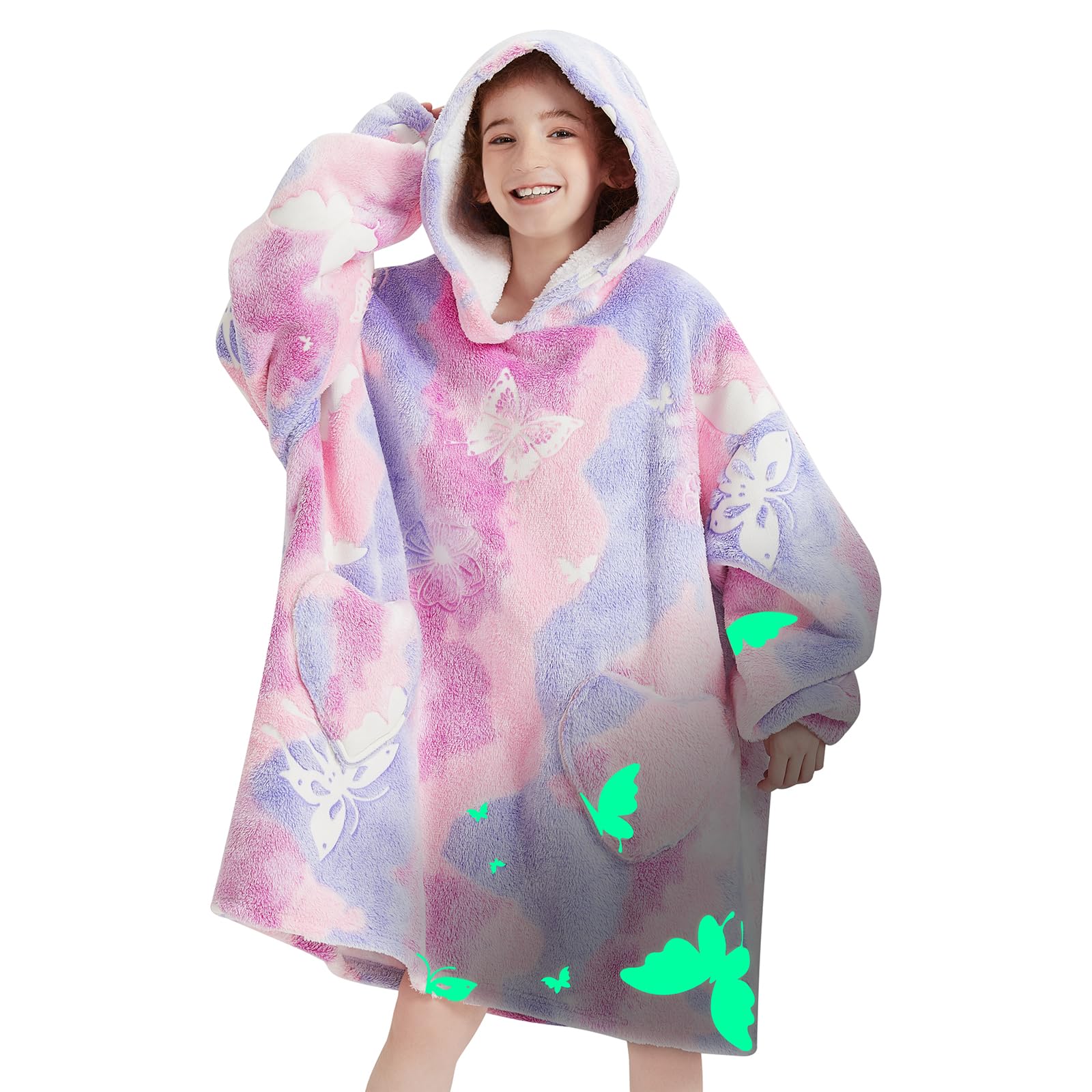 Fiosnow Glow In The Dark Butterfly Blanket Hoodies For Kids 6-13Yr Oversize Wearable Blanket Hoodies For Boys Girls Teens