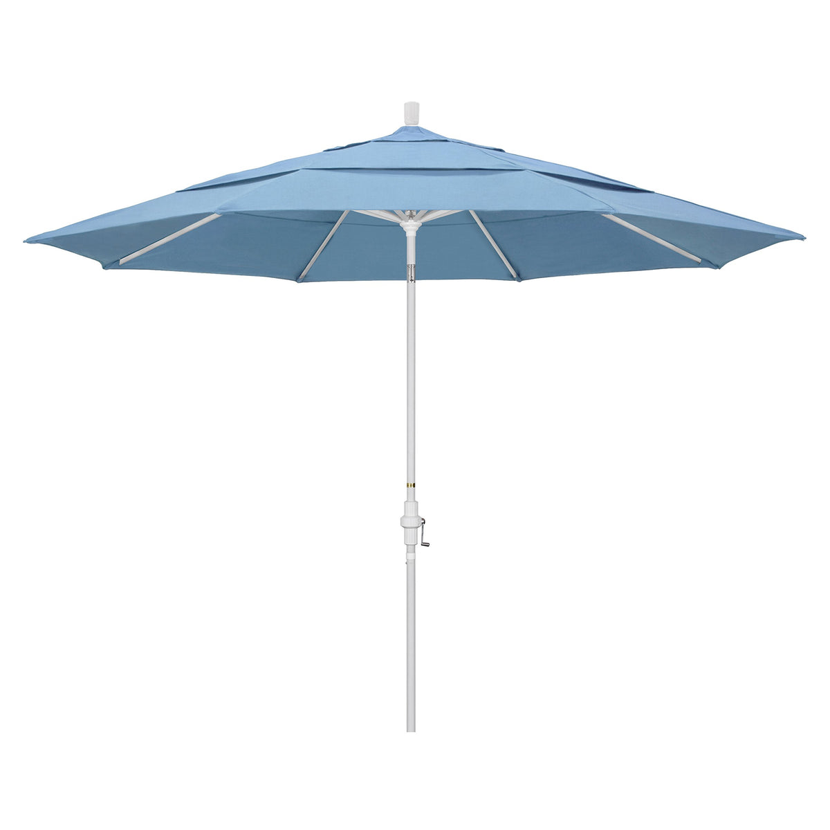 California Umbrella 11' Round Aluminum Market Umbrella, Crank Lift, Collar Tilt, White Pole, Sunbrella Air Blue