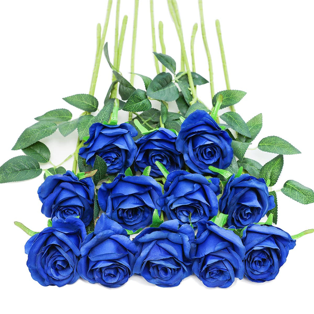 Tifuly Royal Blue Roses Artificial Flowers -12 pcs Realistic Single Long Stem Fake Silk Roses Bouquet for Party Home Wedding Cen
