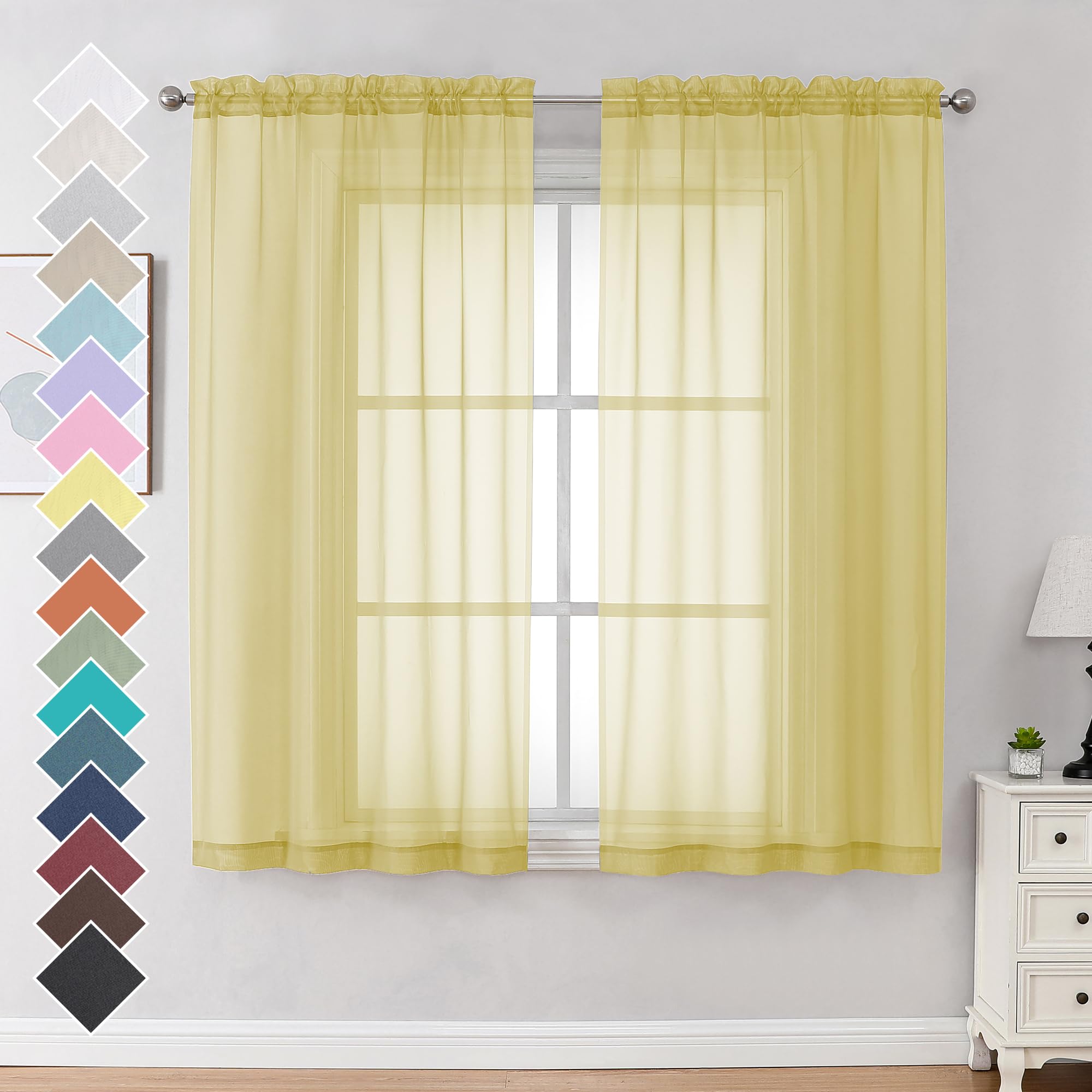 Ovzme Mustard Yellow Sheer Curtains 63 Inches Length 2 Panels Rod Pocket Light Weight Soft Curtain Sheers, Voile Drapes For Base