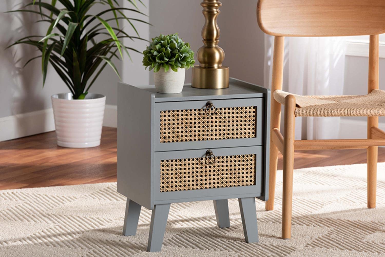 Baxton Studio Waller Mid-Century Modern Natural Rattan and Grey Finished Wood 2-Drawer Nightstand