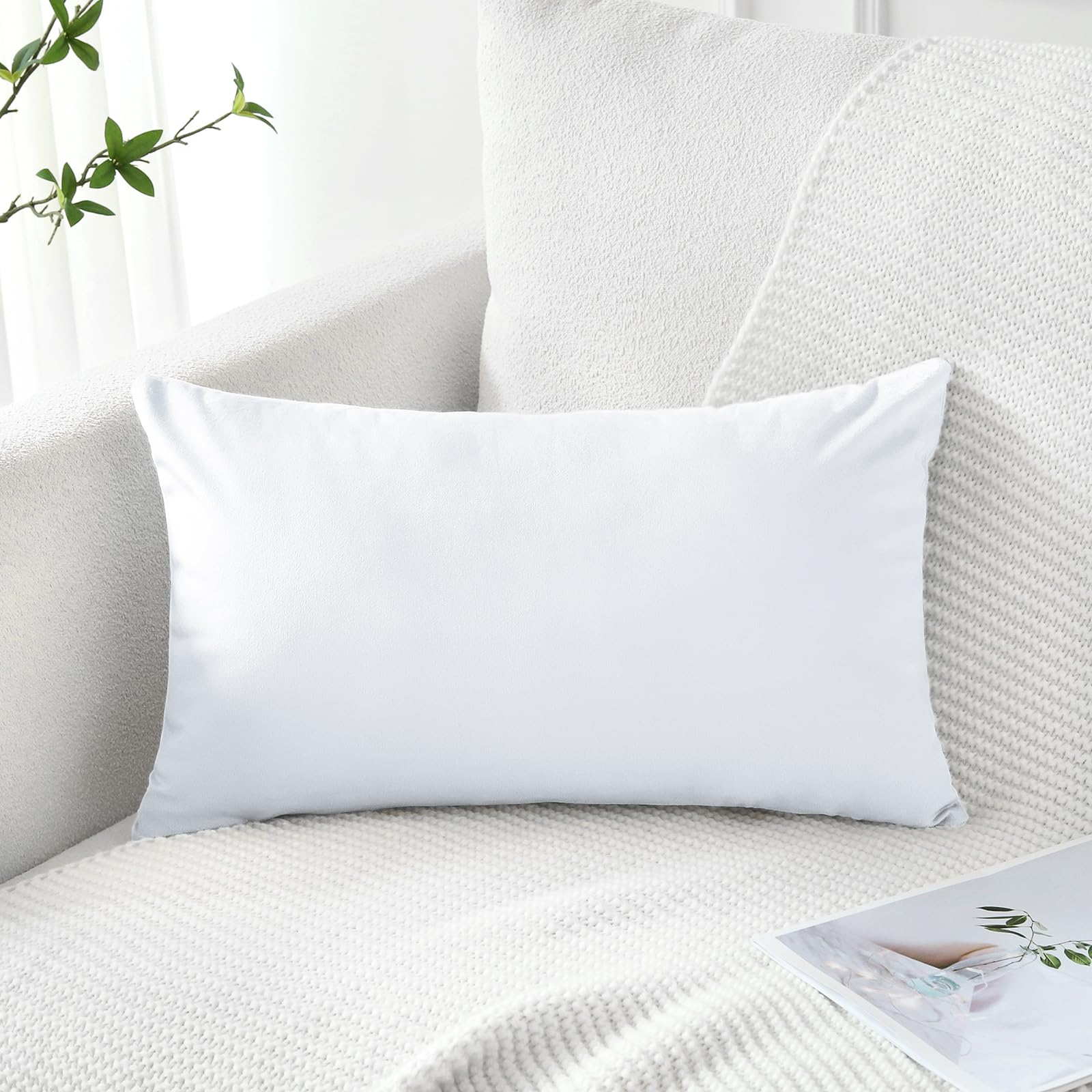 Artscope Luxury Velvet Pillow Covers Decorative Rectangle Pillowcases Soft Solid Cushion Cases For Couch Sofa Bedroom Car Decor 16X24 Inch White