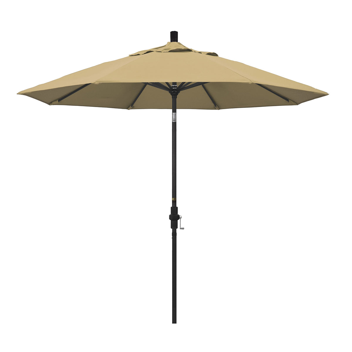 California Umbrella 9' Round Aluminum Market Umbrella, Crank Lift, Collar Tilt, Black Pole, Champagne Olefin