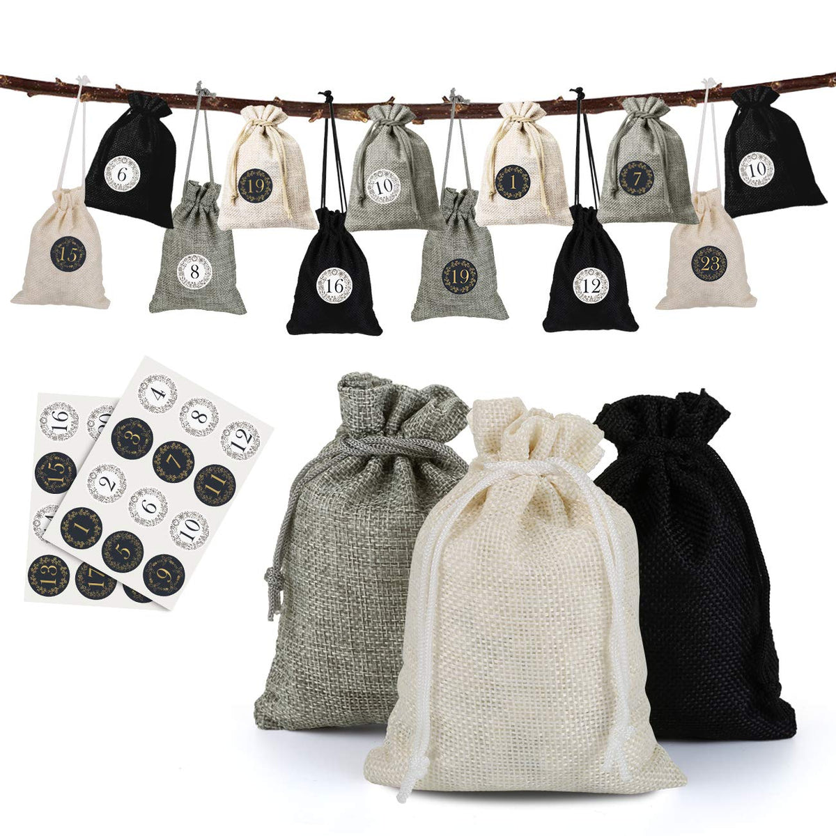 Naler 24 Pieces Christmas Advent Calendar Burlap Bags 2024, 24 Days Countdown Calendar Burlap Gift Bags for DIY Xmas Christmas H