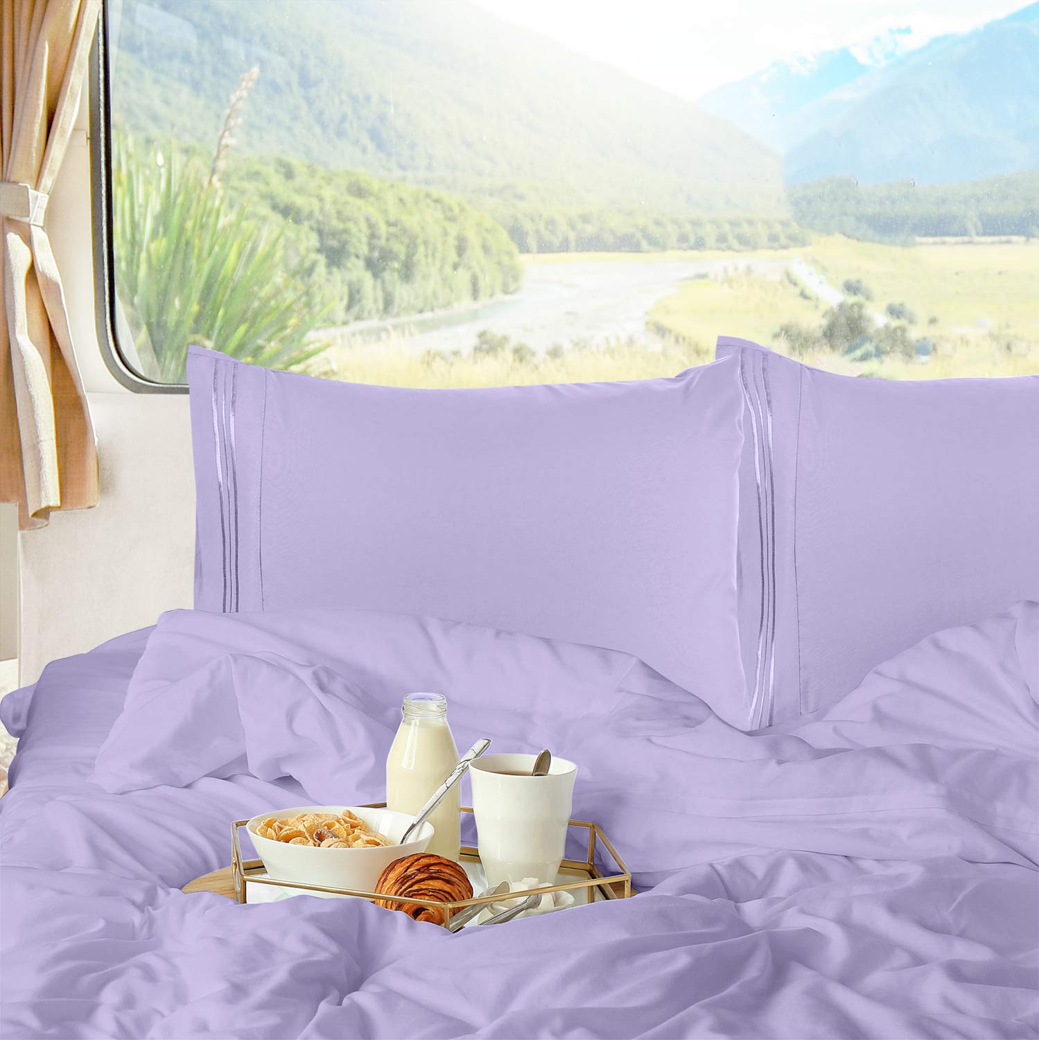 Nestl Lavender Rv Queen Sheets – Super Soft Rv Short Queen Sheets For Rv Camper, 4 Piece 1800 Microfiber Fitted Rv Sheets, Double Brushed Rv Bed Sheets Set, Camper Sheets And Pillowcases