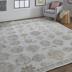 HomeRoots 514987 9 x 12 ft. Ivory Silver & Tan Floral Hand Knotted Stain Resistant Rectangle Area Rug