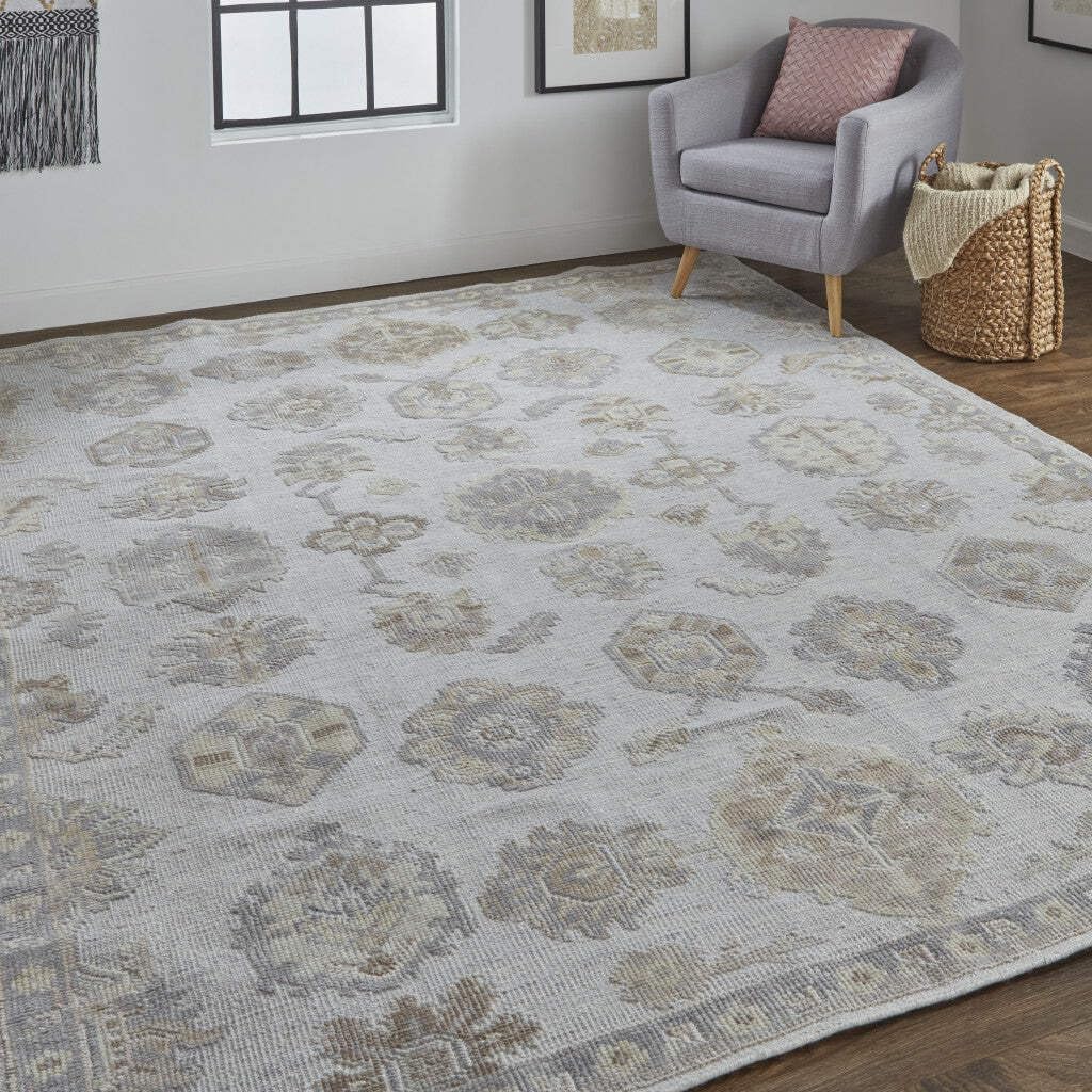 HomeRoots 514987 9 x 12 ft. Ivory Silver & Tan Floral Hand Knotted Stain Resistant Rectangle Area Rug