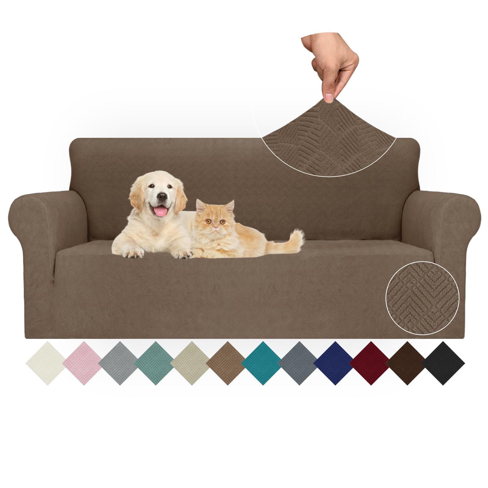 Jiviner Stretch Sofa Covers 1 Piece Couch Covers For 3 Cushion Couch Sofa, 3 Seater Sofa Slipcovers Furniture Protector With Elastic Bottom For Kids, Pets (Brown, Sofa)