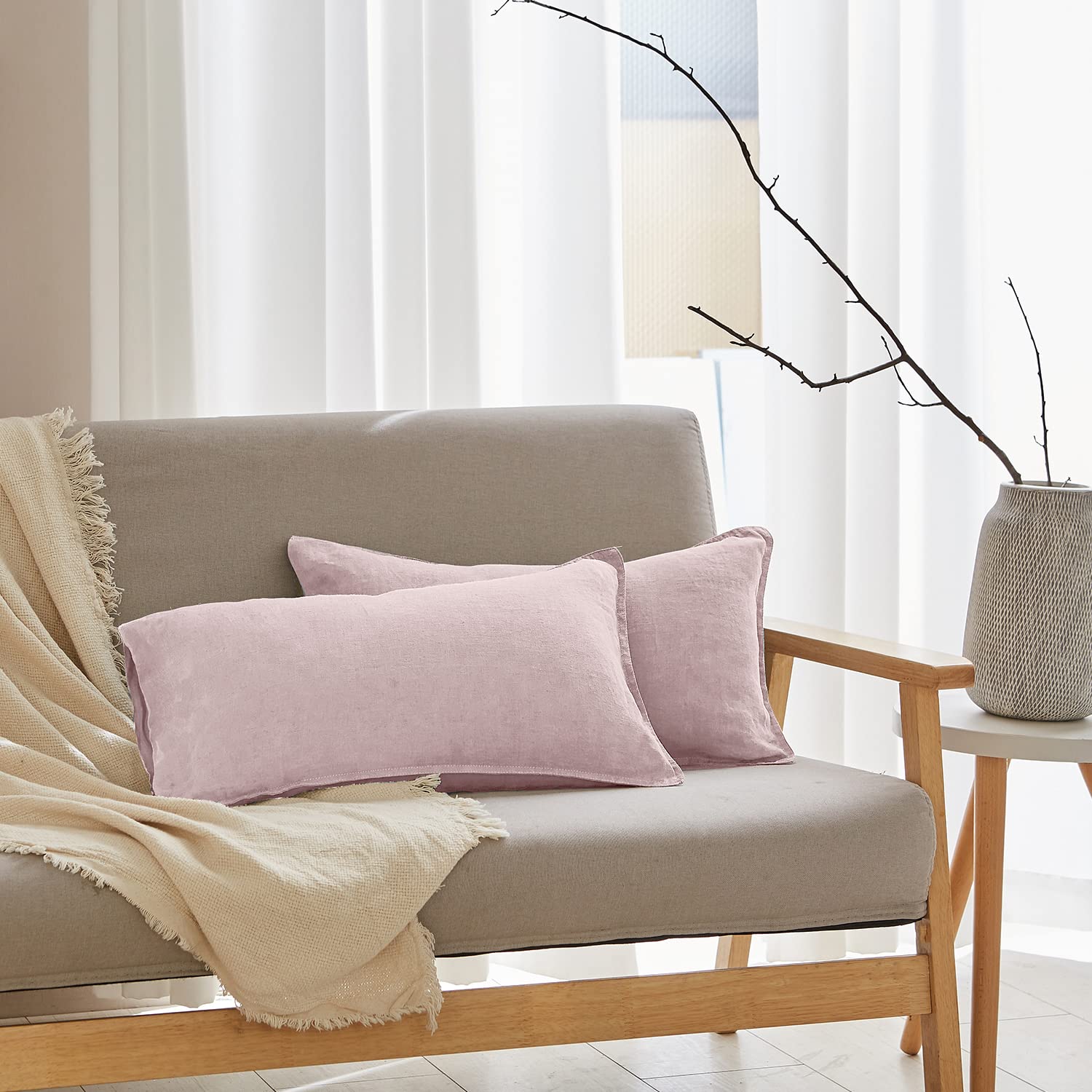 Simple&Opulence 100% Linen Lumbar Pillow Cover 12 X 20 Inches Set Of 2 Rectangular Decorative Throw Cushion Cover For Couch Sofa Bed Living Room Office Soft Breathable Farmhouse - Blush Pink