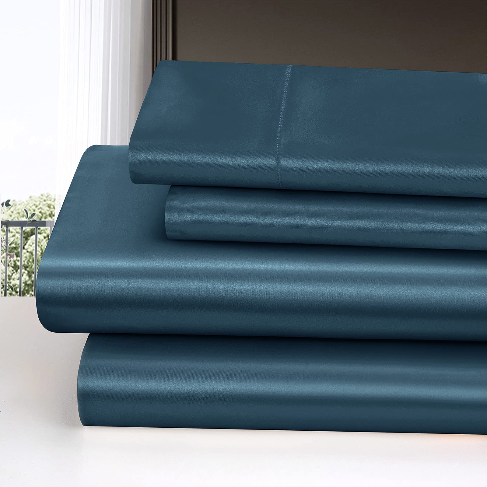 Homiest 4Pcs Satin Sheets Set Luxury Silky Satin Bedding Set With Deep Pocket, 1 Fitted Sheet + 1 Flat Sheet + 2 Pillowcases (Queen Size, Deep Sea Blue)