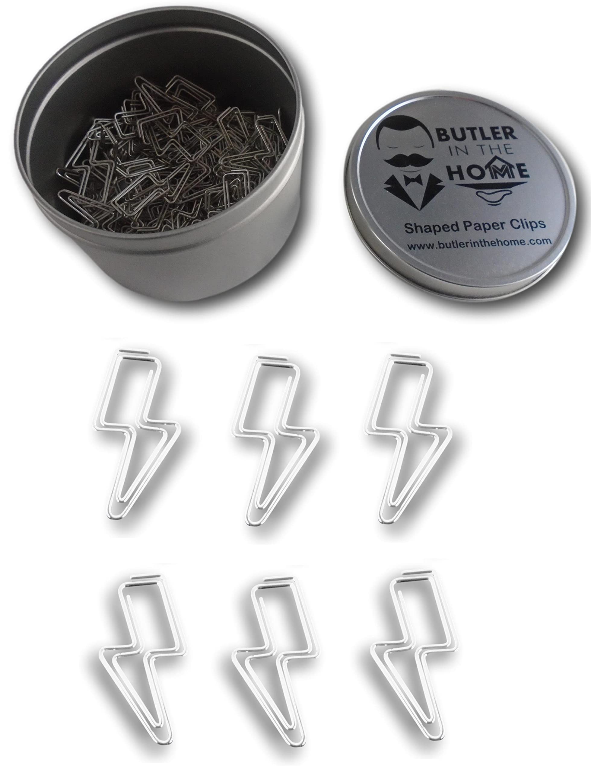 Butler In The Home 100 Count Lightning Bolt Shaped Paper Clips Great For Paper Clip Collectors Or Office Gift - Comes In Round T