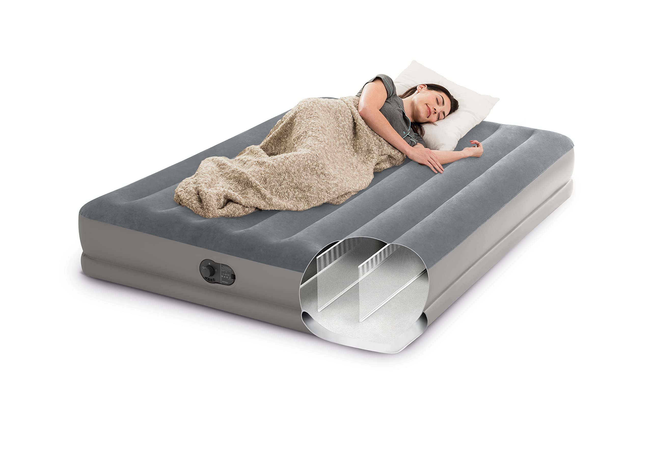 Intex 64114E Dura-Beam Standard Prestige Air Mattress: Fiber-Tech - Queen Size - Built-In Usb Electric Pump - 12In Bed Height - 600Lb Weight Capacity, Grey