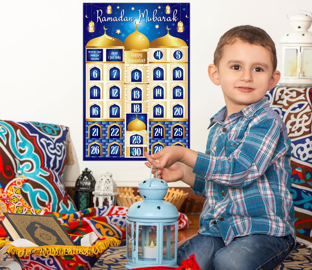 D4Dream Ramadan Calendar 2024 Eid Mubarak Window Page Calendar For Kids 30 Days Ramadan Countdown Calendar Poster Gifts Blue Ram