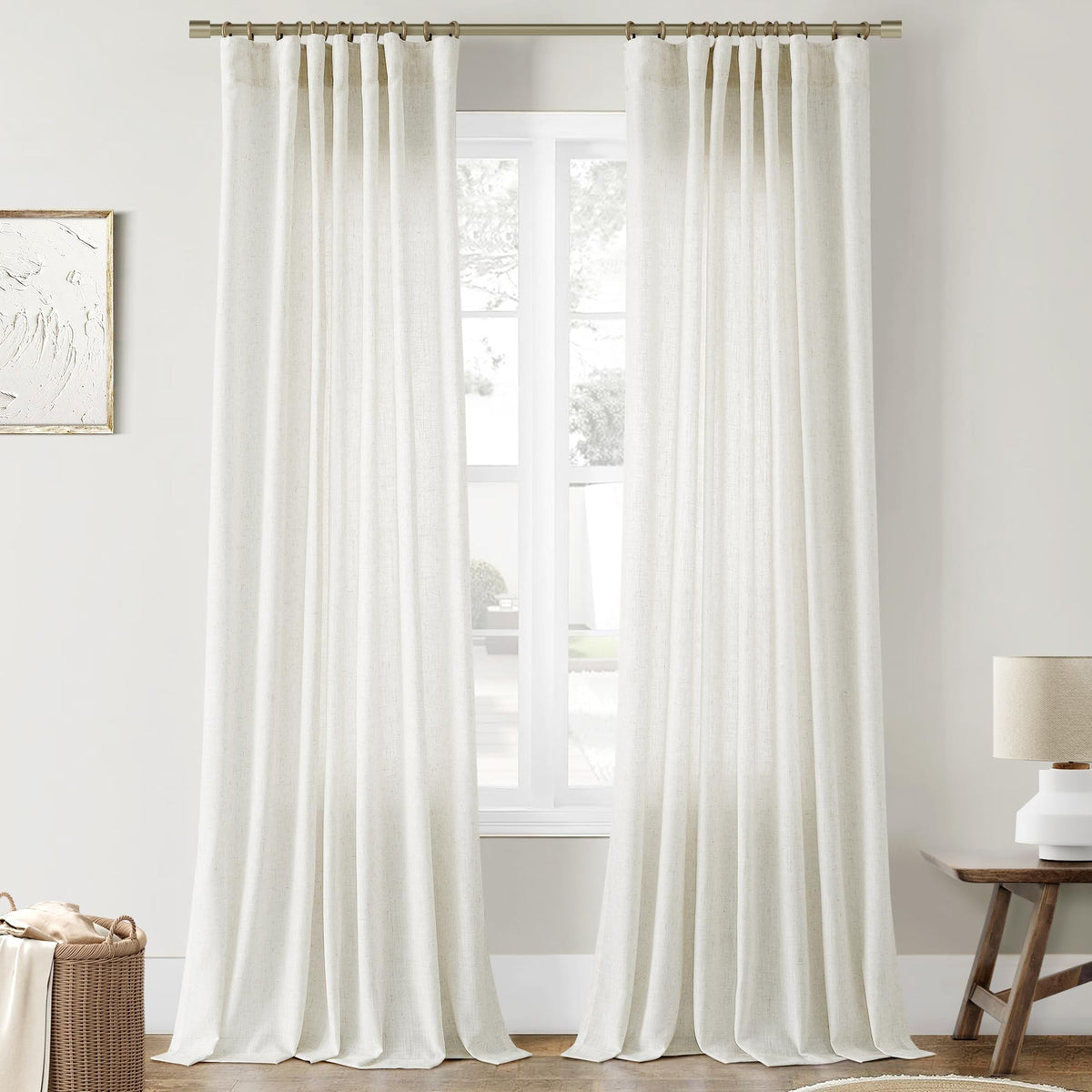 Joywell 90 Inches Long Linen Curtains 2 Panels Set For Living Room Back Tab Sheer Cottage Core Cottagecore Curtain Drapery Modern Boho 90 Inch Length Window Curtain For Bedroom Cream Colored