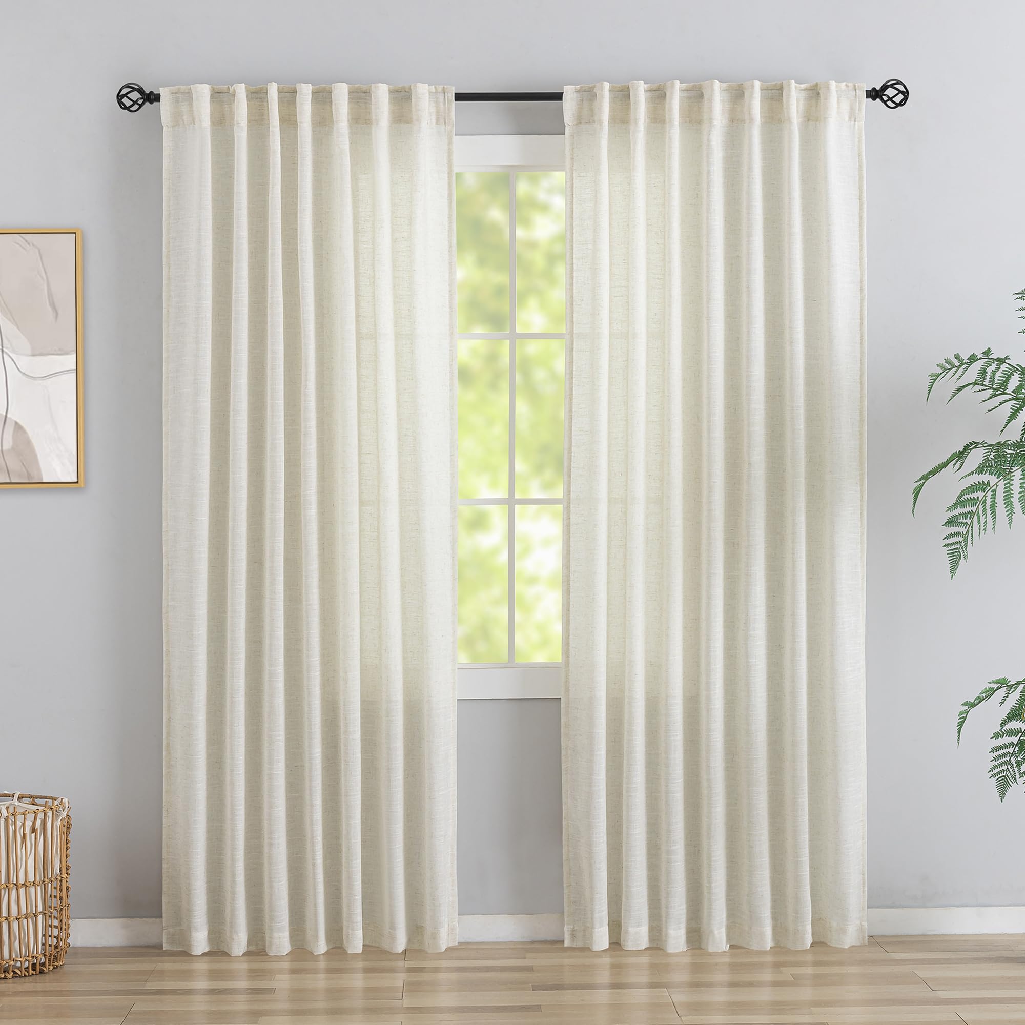Ivory Natural Linen Blend Back Tab Curtains 90 Inches Long -2 Panels Set for Living Room Hook Belt Loops Pocket Draperies Light 