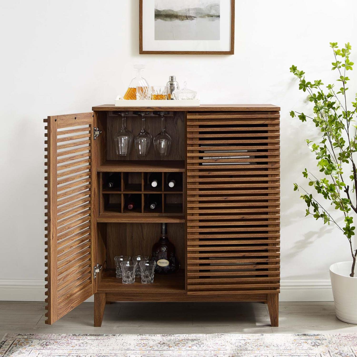 Modway Render Mid-Century Modern Wine Rack Storage, Bar Cabinet, Walnut