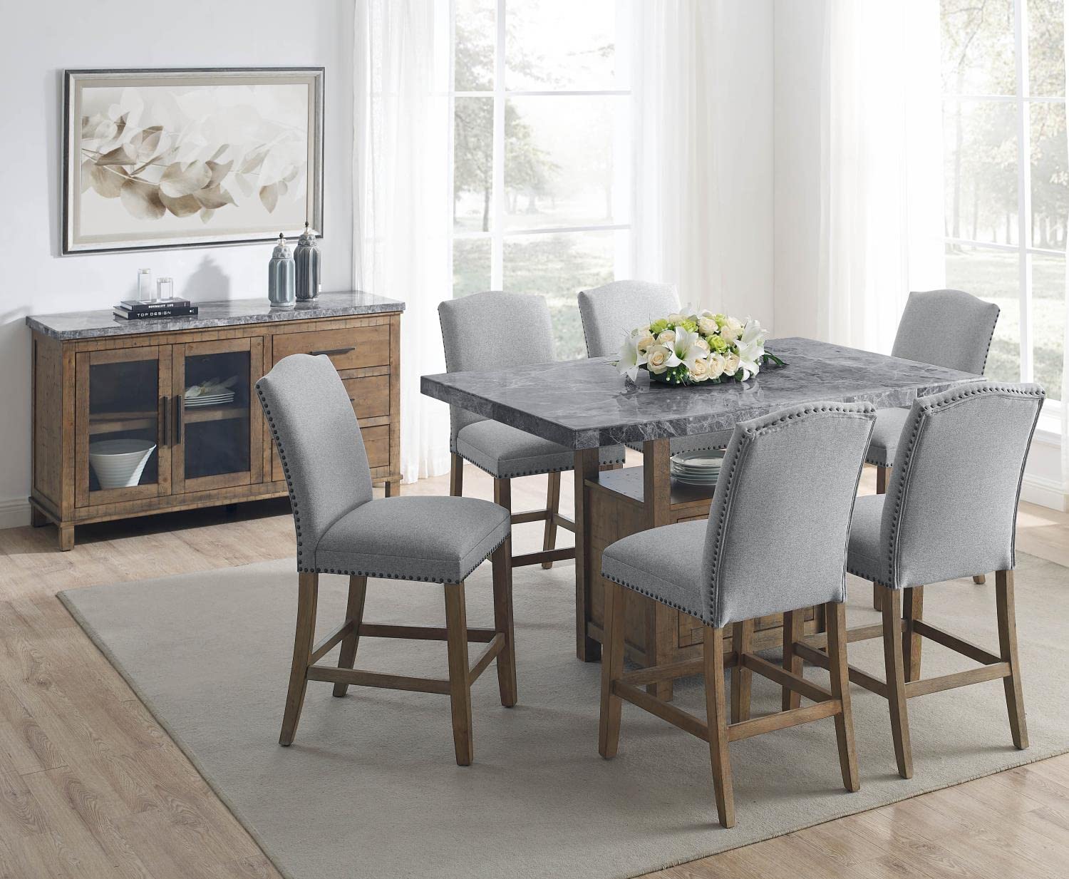 Steve Silver Furniture Grayson Gray Marble Counter Dining Table, 60-Inch Table, Seats up to 6 (Table Only), Dining Room, Kitchen, 60&quot; L x 40&quot; W x 36&quot; H, Grey