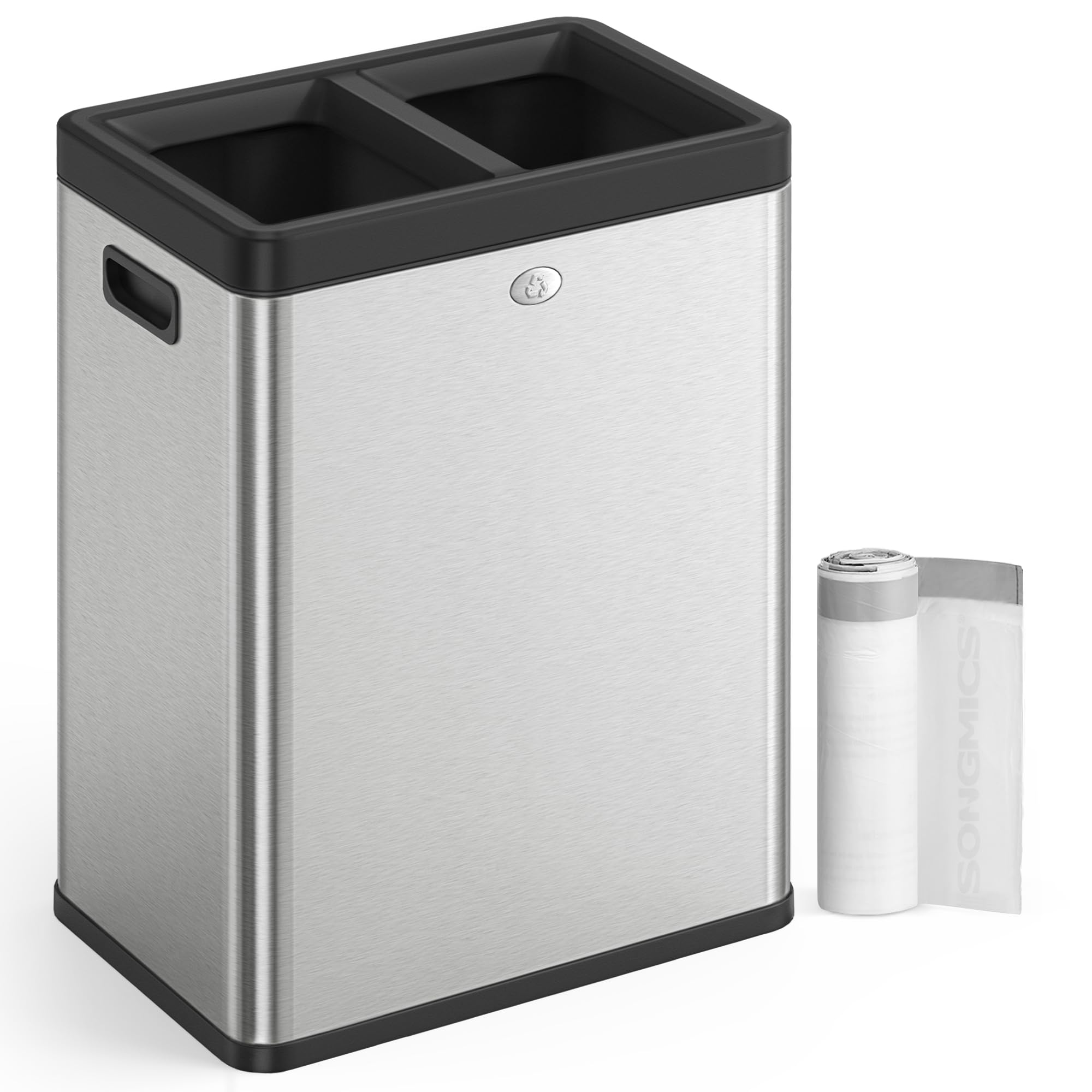 SONGMICS 2 x 6.6 Gallon Open Top Trash Can, Dual Compartment Garbage Can for Waste and Recycling, Stainless Steel, Trash Bin for