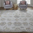 HomeRoots 514987 9 x 12 ft. Ivory Silver & Tan Floral Hand Knotted Stain Resistant Rectangle Area Rug